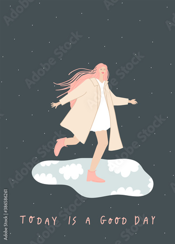 Happy girl in a dress running in the rain through puddles. Vector postcard template