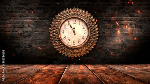 Wallpaper Mural A dark room with brick walls, a clock on the wall. Time shows 12 o'clock, New Year and Christmas 2021. Interior with clock. Night Lights. Torontodigital.ca