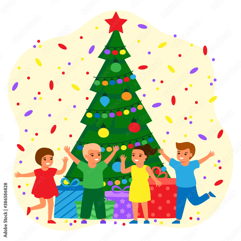 Happy children and green fir tree at home with balls and lightbulbs. Boys and girls are waiting for holiday with gifts. Christmas and New Years holiday. Vector Happy children and green fir tree at home with balls and lightbulbs. Boys and girls are waiting for holiday with gifts. Christmas and New Years holiday. Vector
