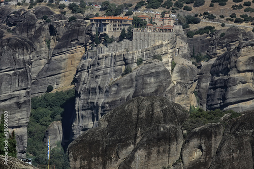 Meteora greece monastery landscape, orthodox monastery in the mountains, christianity, faith view
