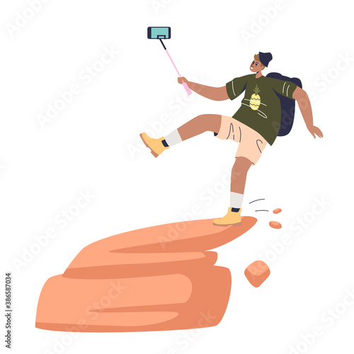 Man taking dangerous selfie and falling from mountain rock. Risk of selfie making concept