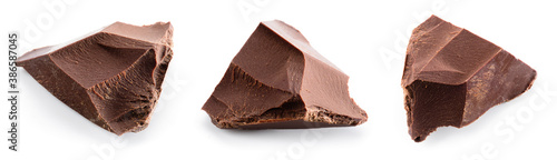 Broken chocolate pieces set isolated. Chocolate pieces on white background as package design elements.