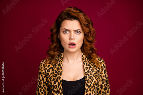 Close-up portrait of her she nice-looking attractive lovely pretty outraged disappointed wavy-haired lady bad news expression isolated over dark maroon burgundy marsala color background