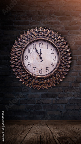 Wallpaper Mural A dark room with brick walls, a clock on the wall. Time shows 12 o'clock, New Year and Christmas 2021. Interior with clock. Night Lights. Torontodigital.ca