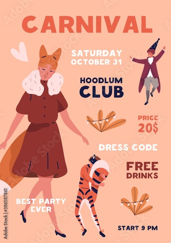 People in animal costumes, carnaval clothes. Holiday masquerade celebration p...