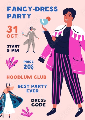 Fancy dress party poster design. Colorful placard for carnival with people in...