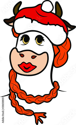 humanized new year's portrait of a cow with a long braid in a new year's red Cap, drawn in vector, on a white background in isolation 