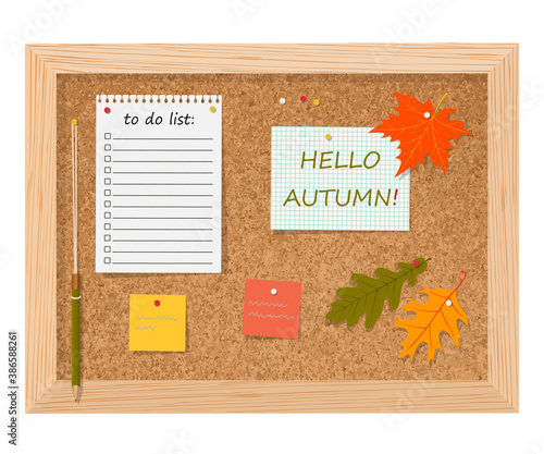 Cork board with to do list, adhesive notes and push pins. Hello, Autumn!