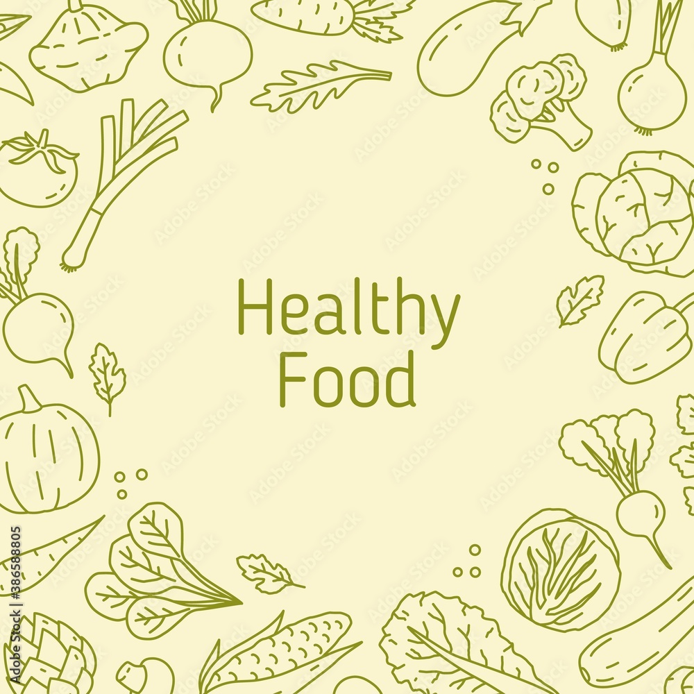 Monochrome line art background with different vegetables. Natural frame template with healthy organic products. Backdrop with eco food. Vector line art illustration