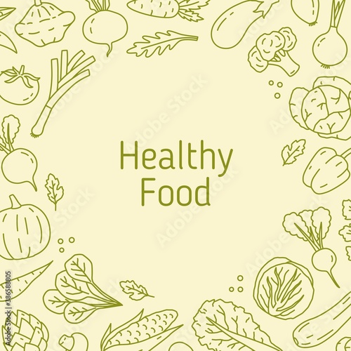 Monochrome line art background with different vegetables. Natural frame templ...