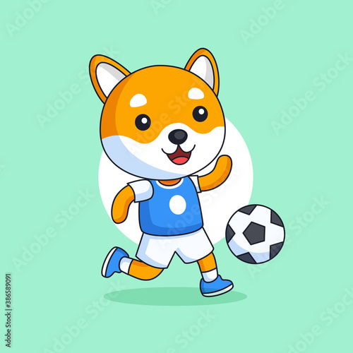 Cute shiba dog run and playing football animal mascot vector outline illustration. orange dog play soccer character cartoon design