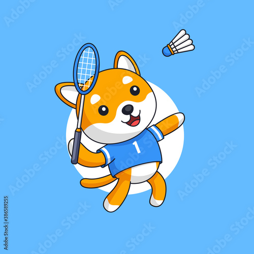 Shiba dog jump smash play badminton animal sport character mascot vector outline illustration. Orange dog wearing uniform and use racket and shuttlecock cartoon design