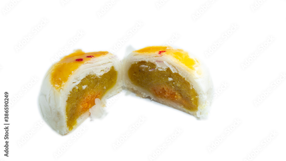 Chinese durian pastry sliced on the white background. Chinese durian pastry sliced on the white background.