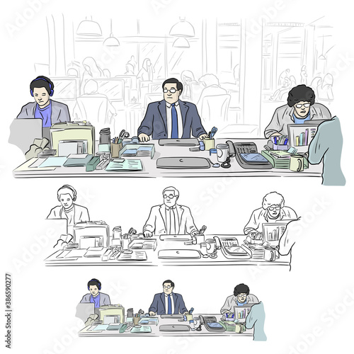 businesspeople working in office with interior background vector illustration sketch doodle hand drawn with black lines isolated on white background. Business teamwork concept.
