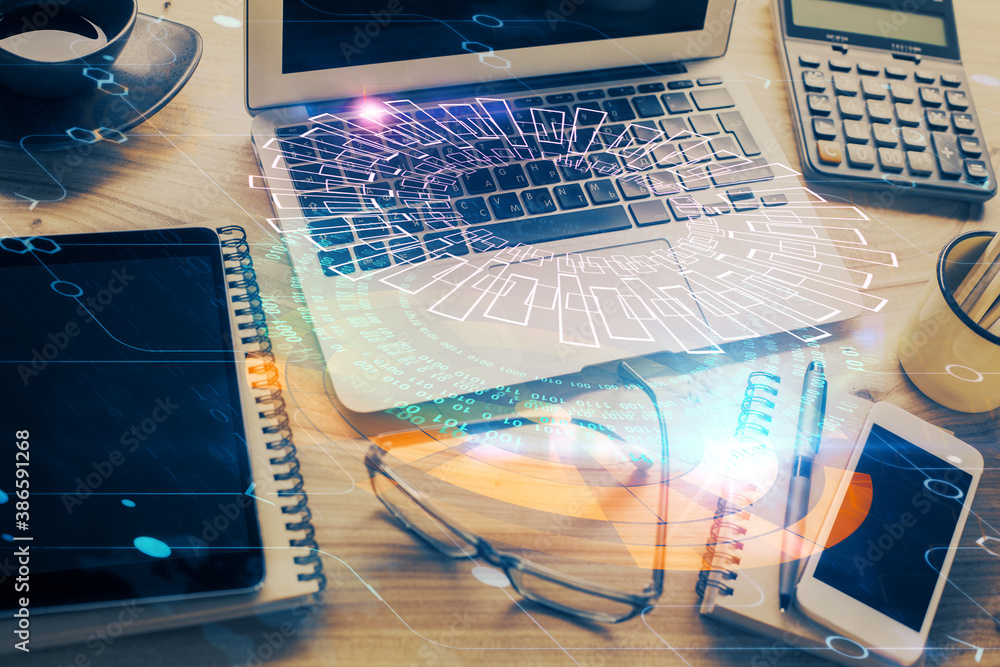 Double exposure of table with computer on background and data theme drawing. Concept of innovation. Double exposure of table with computer on background and data theme drawing. Concept of innovation.