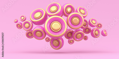 Abstraction illustration. Abstract pink spheres with gold on a pink background. 3d render illustration. Illustration for advertising.