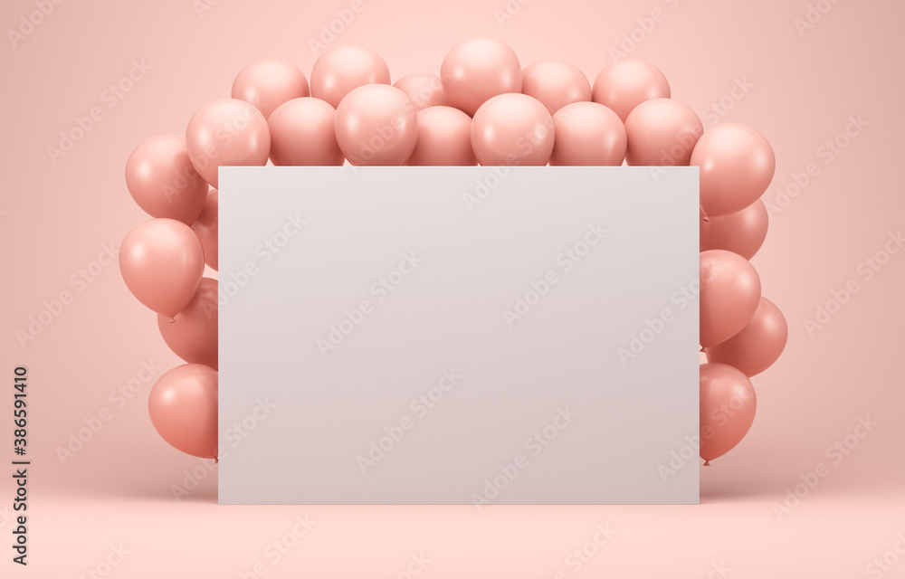 Obraz premium Pink balloons in a pink interior around a white board. 3d render illustration. Illustrations for advertising.