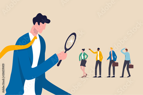 Searching the best candidate or job, Human resources, head hunt, choosing talent for job vacancy or company recruitment concept, employer boss or HR use magnifying glass to choose job interview people