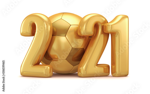 New Year's illustration for advertising. Golden soccer ball with gold numbers 2021 on a white background. 3d rendering. photo