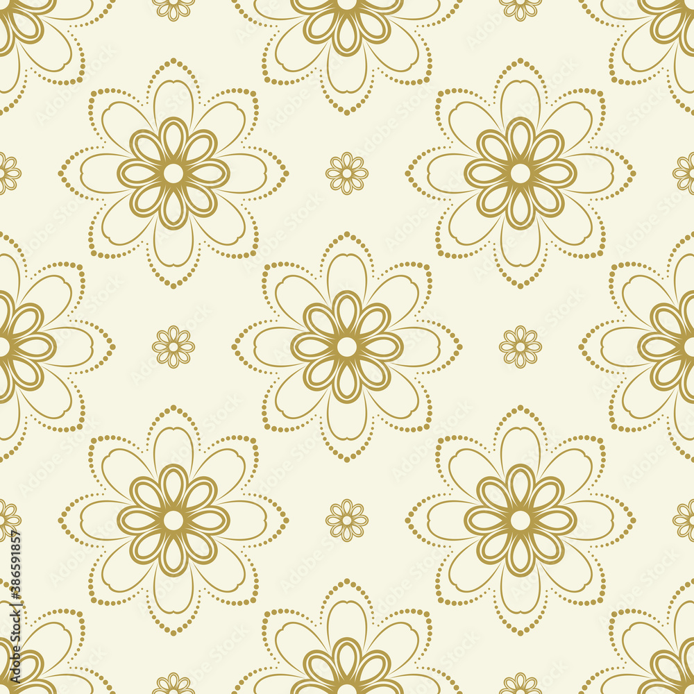 Floral vector golden ornament. Seamless abstract classic background with golden flowers. Pattern with repeating floral elements. Ornament for fabric, wallpaper and packaging
