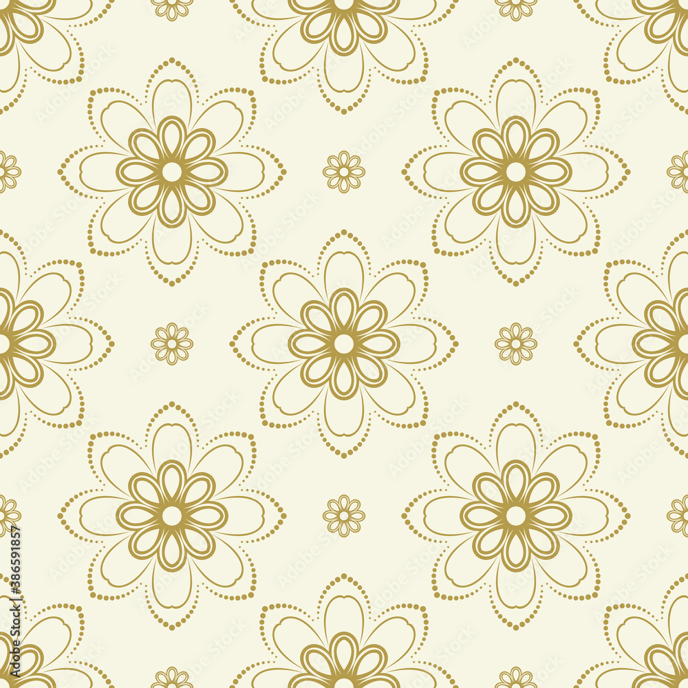 Floral vector golden ornament. Seamless abstract classic background with golden flowers. Pattern with repeating floral elements. Ornament for fabric, wallpaper and packaging Floral vector golden ornament. Seamless abstract classic background with golden flowers. Pattern with repeating floral elements. Ornament for fabric, wallpaper and packaging