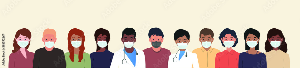 A group of people in medical masks. The doctors are in the center. Preventing the spread of infections and influenza. Vector illustration in a flat style.