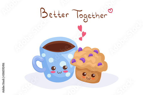Cute muffin with raisins & cup of coffee isolated on white background. Funny sweet food characters illustration for children menu, card, fabric print, cooking poster. Adorable berries dessert concept.