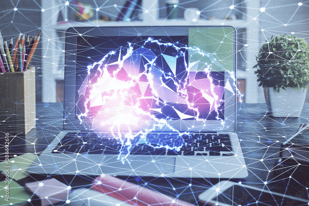 Double exposure of desktop computer and human brain drawing hologram. Ai concept. Double exposure of desktop computer and human brain drawing hologram. Ai concept.
