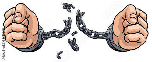 Hands in fists breaking the chain of shackle cuffs freedom concept design