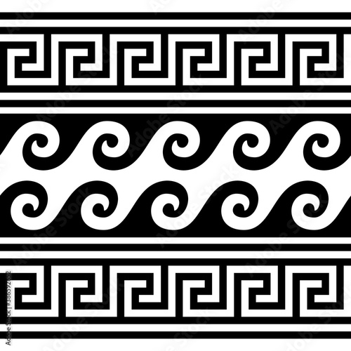 Greek wave and  key pattern seamless vector design - retro geometric ornament inspired by ancient Greece pottery art
 