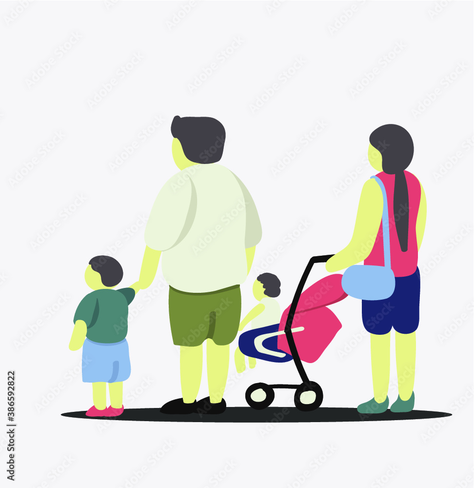 Artwork of family with father, mother and two children standing together. Artwork of family with father, mother and two children standing together.