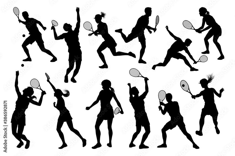 Fototapeta Zestaw elementów projektujących sylwetkę mężczyzny i kobiety w tenisa