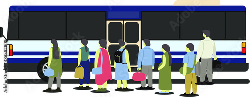 People standing at the bus stop waiting to get the blue bus.