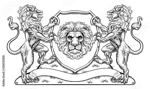 A crest coat of arms family shield seal featuring lions and knights crowned helmet
