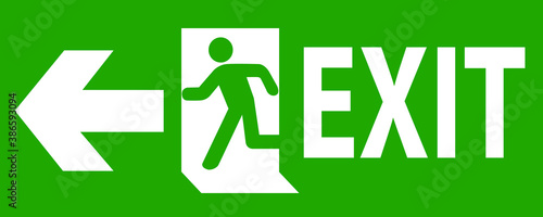 emergency fire exit sign with running man icon to door. warning sign plate