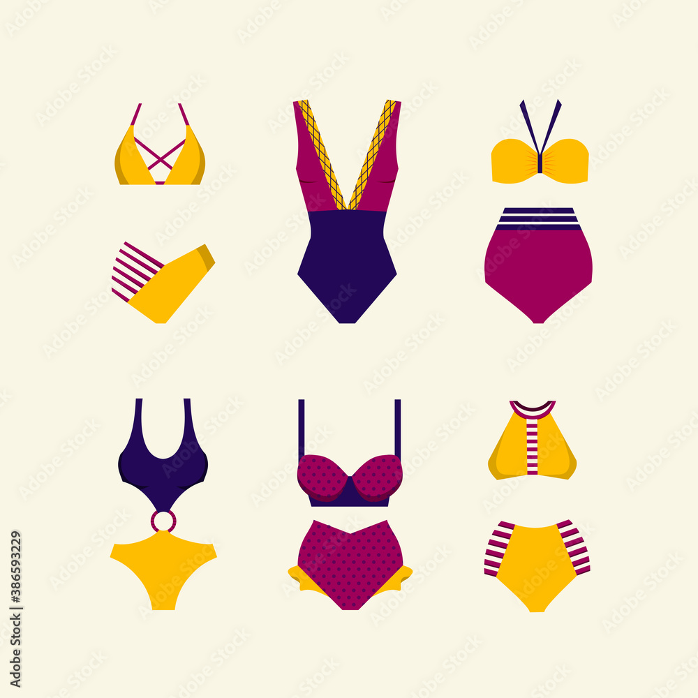 Set of fashion women swimwear. vector illustration. Set of fashion women swimwear. vector illustration.