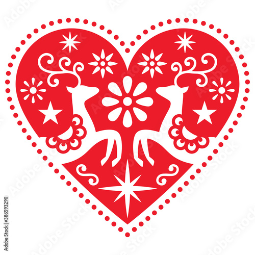 Christmas folk art heart with deer vector greeting card design, Scandinavian retro style merry pattern with flowers and stars
