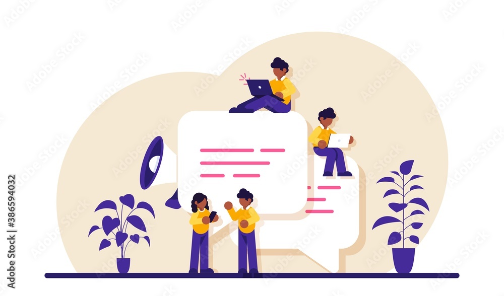 Chat easily. Speech bubbles for comment and reply. Small people chatting online. Guys and woman sitting on big symbols of chat. Modern flat illustration. Chat easily. Speech bubbles for comment and reply. Small people chatting online. Guys and woman sitting on big symbols of chat. Modern flat illustration.