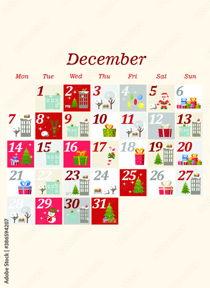 holiday calendar for december. winter illustration in flat style holiday calendar for december. winter illustration in flat style