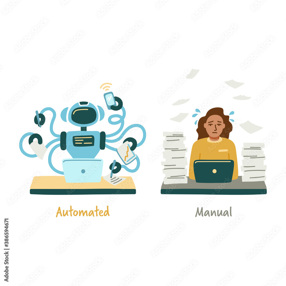 Concept of automated and manual labor. RPA. Robotic process
