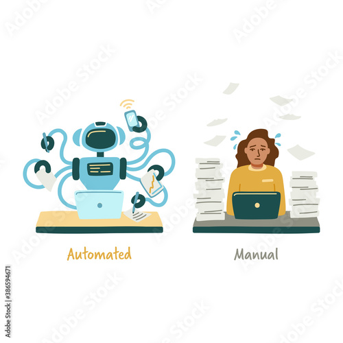 Concept of automated and manual labor. RPA. Robotic process automatisation. Confronting the robot and man. Vector illustration