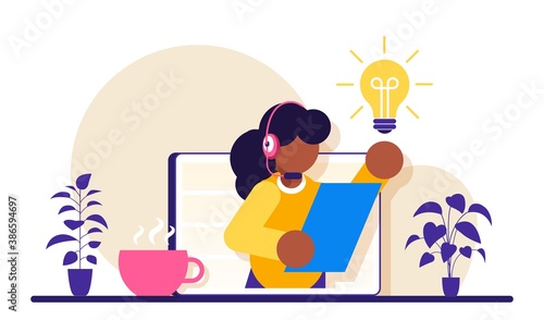 Online technical support 24-7. Concept customer and operator. Female hotline operator advises client. Online assistant, virtual help service. Modern flat illustration.