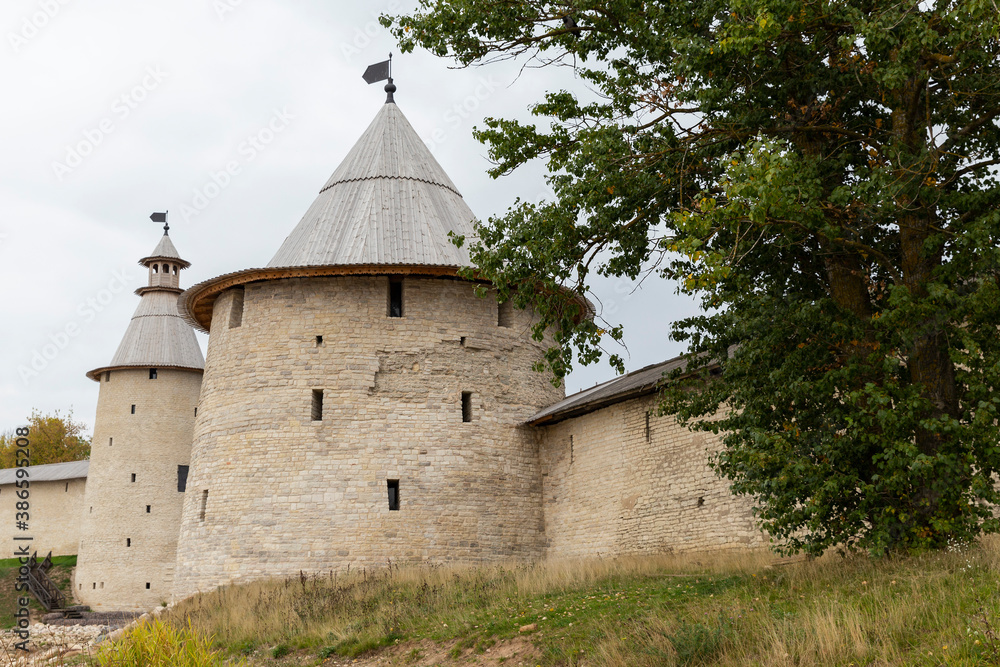 Pskov. Pskov Kremlin (Krom). Flat and high tower.