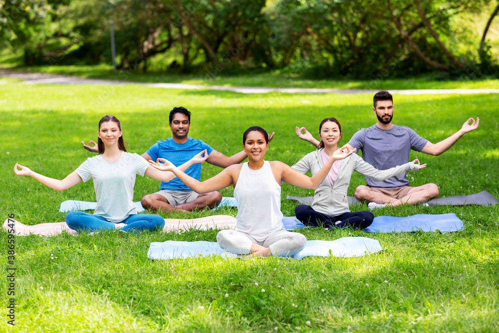 fitness, sport, yoga and healthy lifestyle concept - group of happy people meditating in lotus pose at summer park fitness, sport, yoga and healthy lifestyle concept - group of happy people meditating in lotus pose at summer park