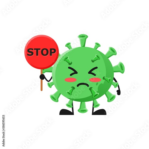 vector illustration of cute virus bacteria mascot or character holding sign say stop. cute virus bacteria Concept White Isolated. Flat Cartoon Style Suitable for Landing Page, Banner, Flyer, Sticker.