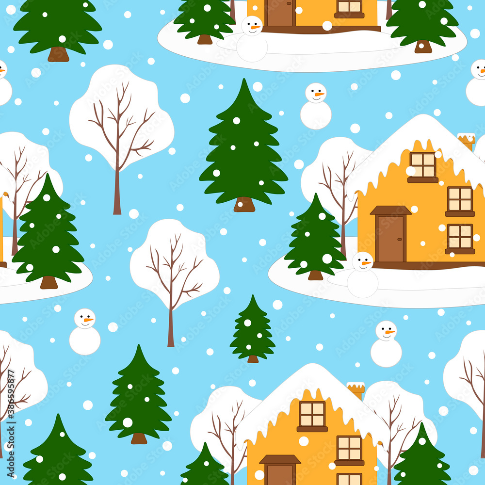 Seamless pattern Winter landscape house with Christmas trees and snowman vector illustration.