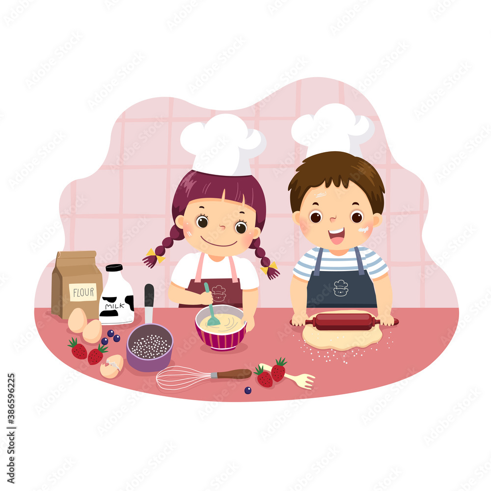 Vector illustration cartoon of siblings baking together at kitchen counter. Kids doing housework chores at home concept. Vector illustration cartoon of siblings baking together at kitchen counter. Kids doing housework chores at home concept.