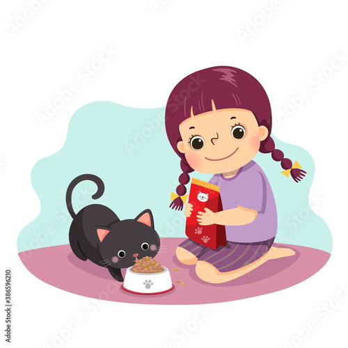 Vector illustration cartoon of a little girl feeding her cat at home. Kids doing housework chores at home concept.
