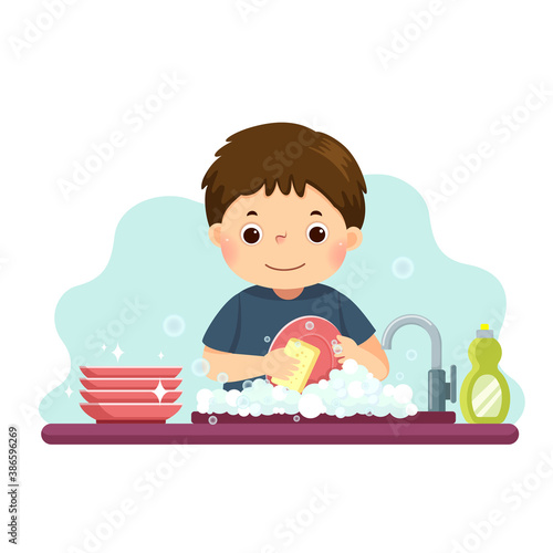 Vector illustration cartoon of a little boy washing the dishes in kitchen. Kids doing housework chores at home concept.