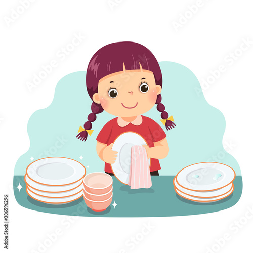 Vector illustration cartoon of a little girl drying the dishes at kitchen counter. Kids doing housework chores at home concept.